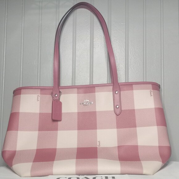 Coach City Red Buffalo Plaid Print PVC & Leather Zip Top Tote - Picture 2 of 15